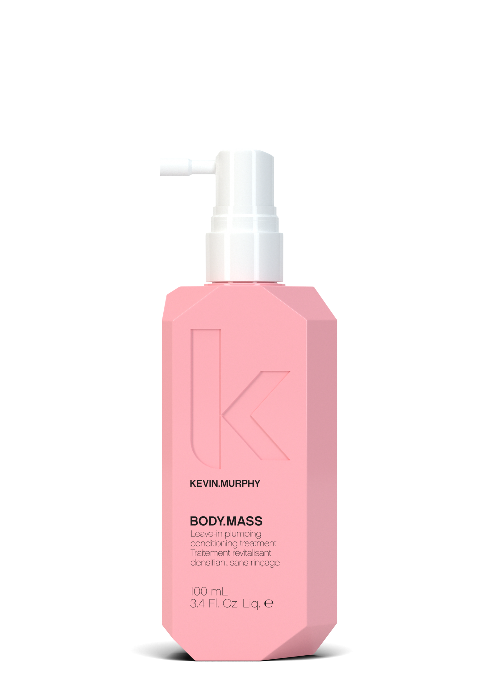 Pink bottle of Kevin Murphy hair product on a white background