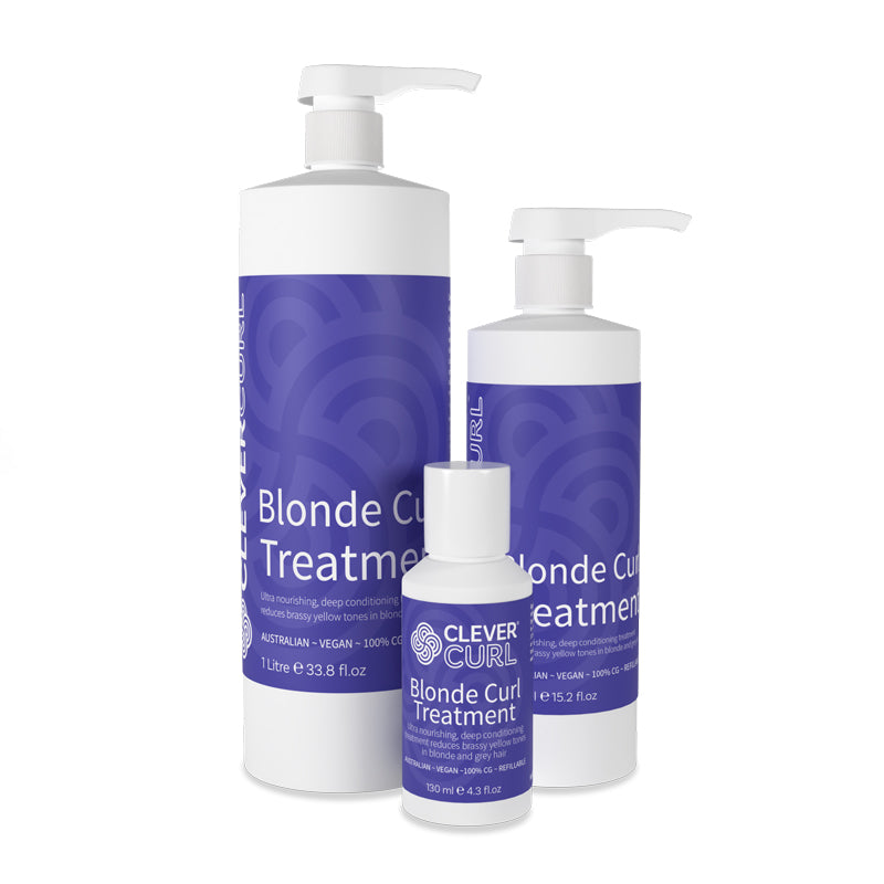Three bottles of Clever Curl Blonde Curl Treatment on a white background