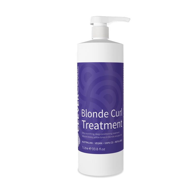 Bottle of Blonde Curl Treatment with purple label on a white background