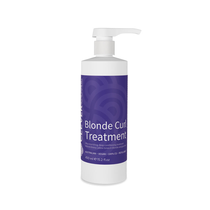 Bottle of Blonde Curl Treatment with a purple label on a white background