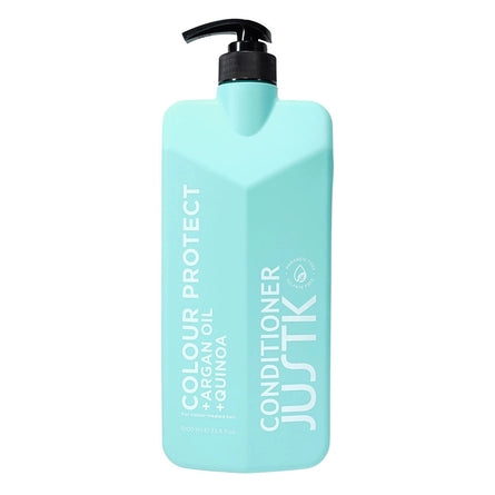 Blue conditioner bottle with pump labeled 'Colour Protect' on a white background