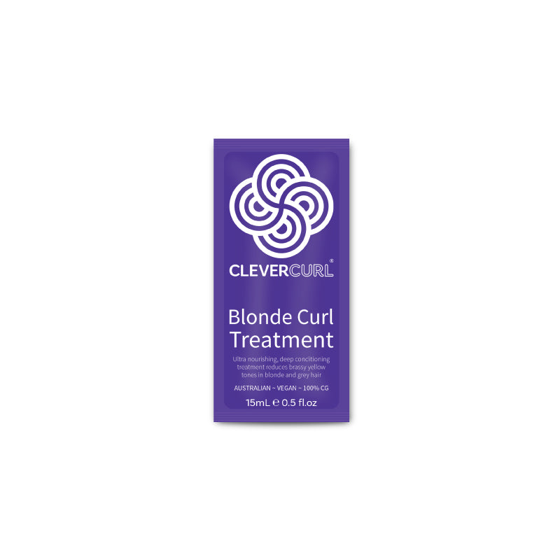 Purple packet of Clever Curl Blonde Curl Treatment on a white background
