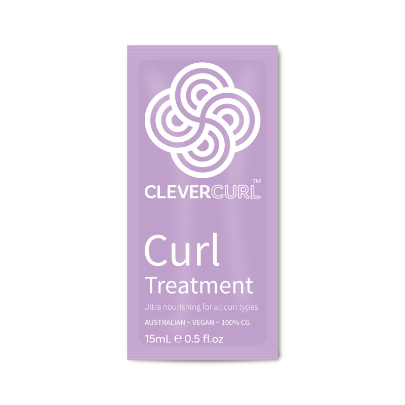 Purple packet of Clever Curl Curl Treatment on a white background