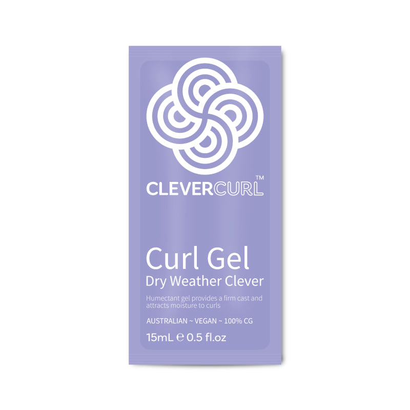 Purple packet of Clever Curl Curl Gel on a white background