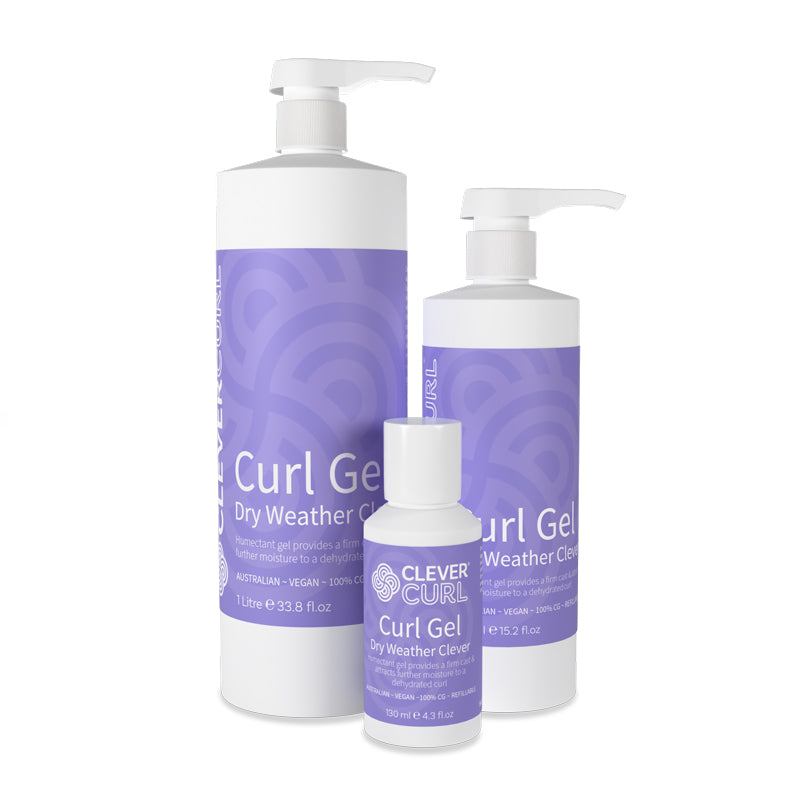 Three bottles of Curl Gel with purple labels on a white background