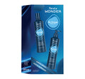 Fandia Wonder hair care product packaging with shampoo and conditioner bottles on a blue background.