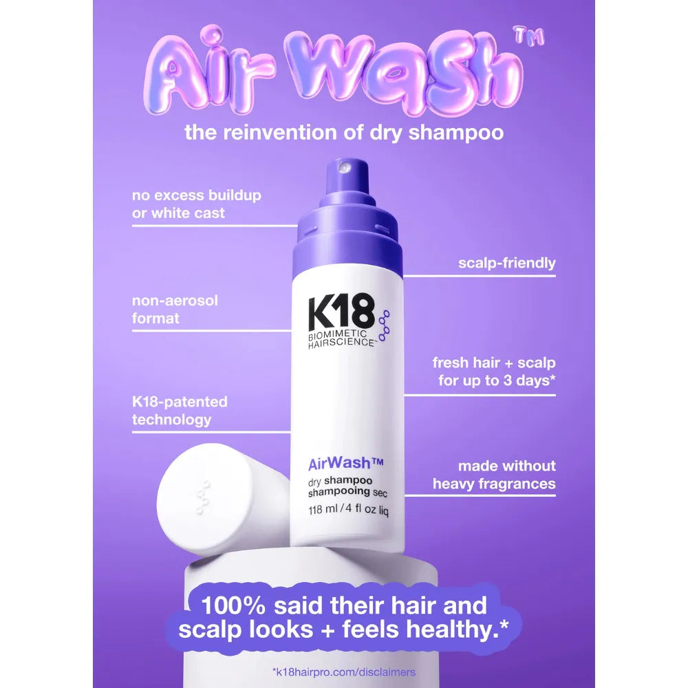 K18 AirWash dry shampoo on a purple background with product features highlighted.