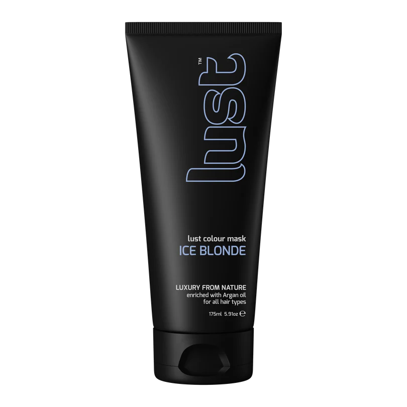 Black tube of 'lust' ice blonde hair mask on a white background