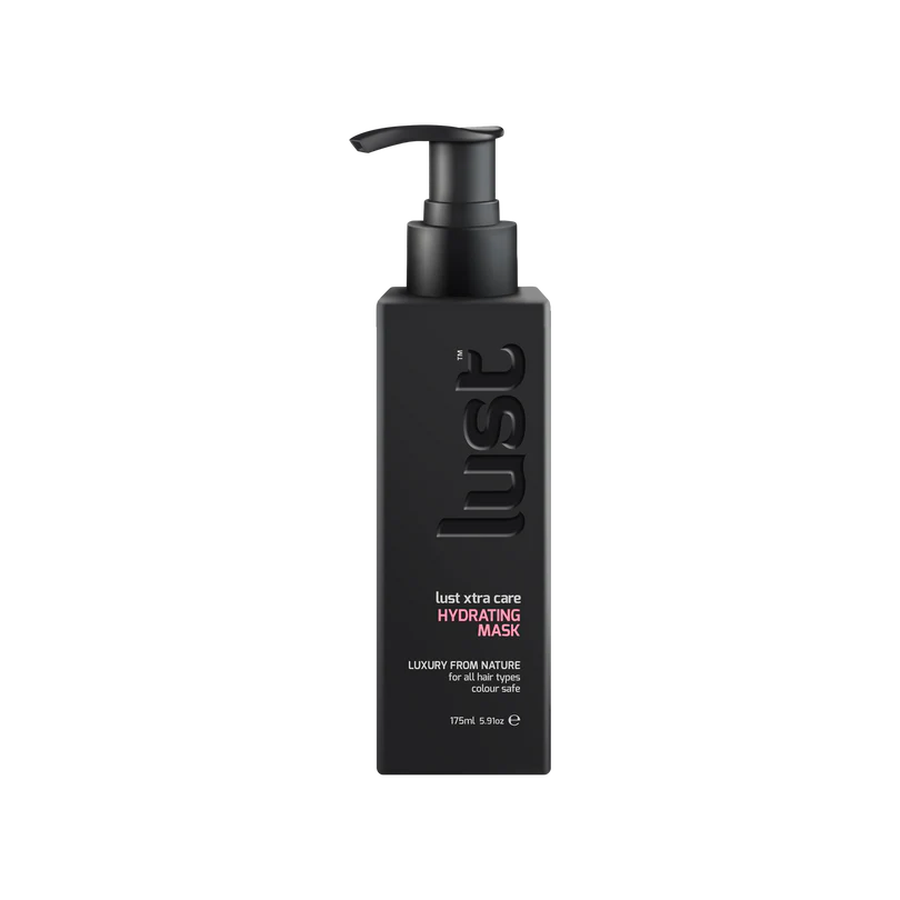 Black bottle of 'lust' hydrating mask on a white background