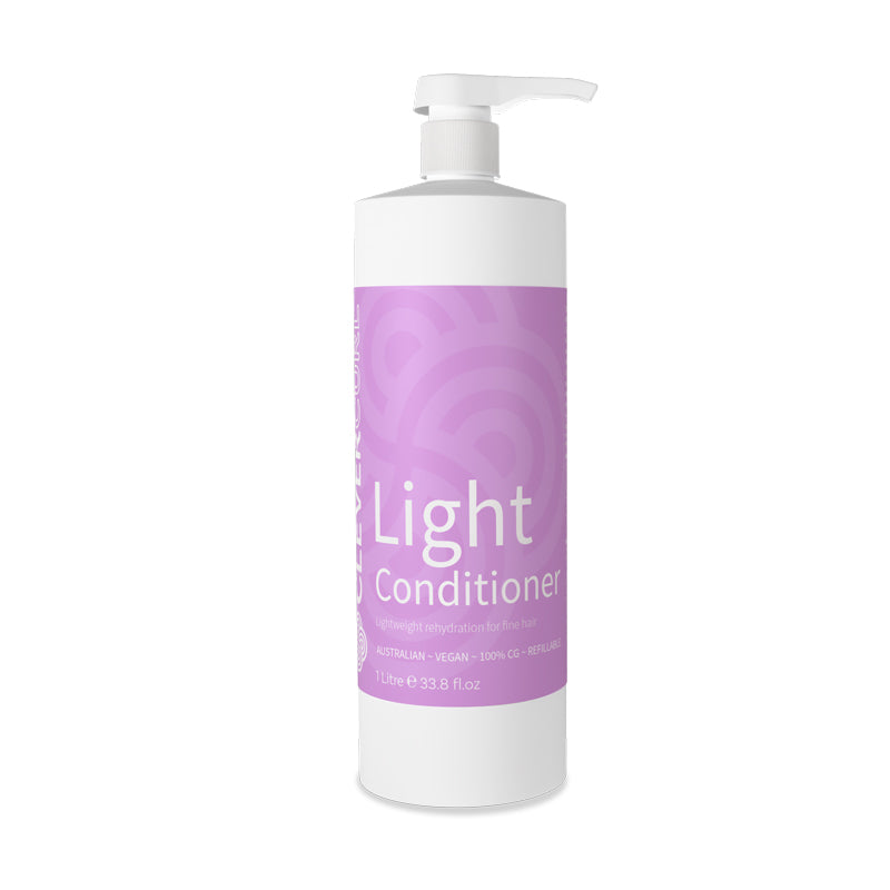 Bottle of light conditioner with a purple label on a white background