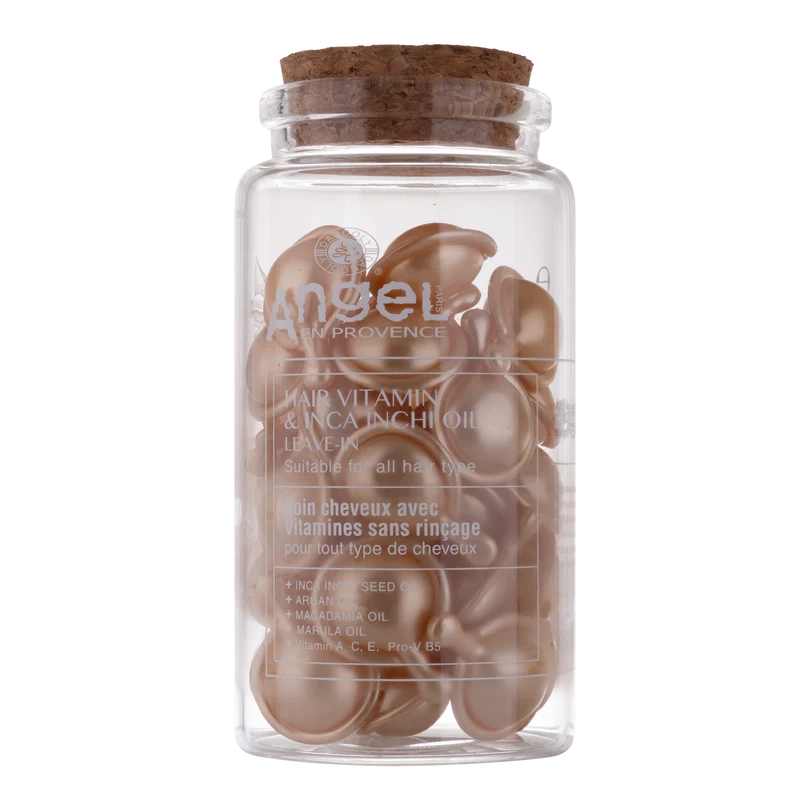 Clear jar with brown hair extensions labeled 'Angel Provence' on a white background