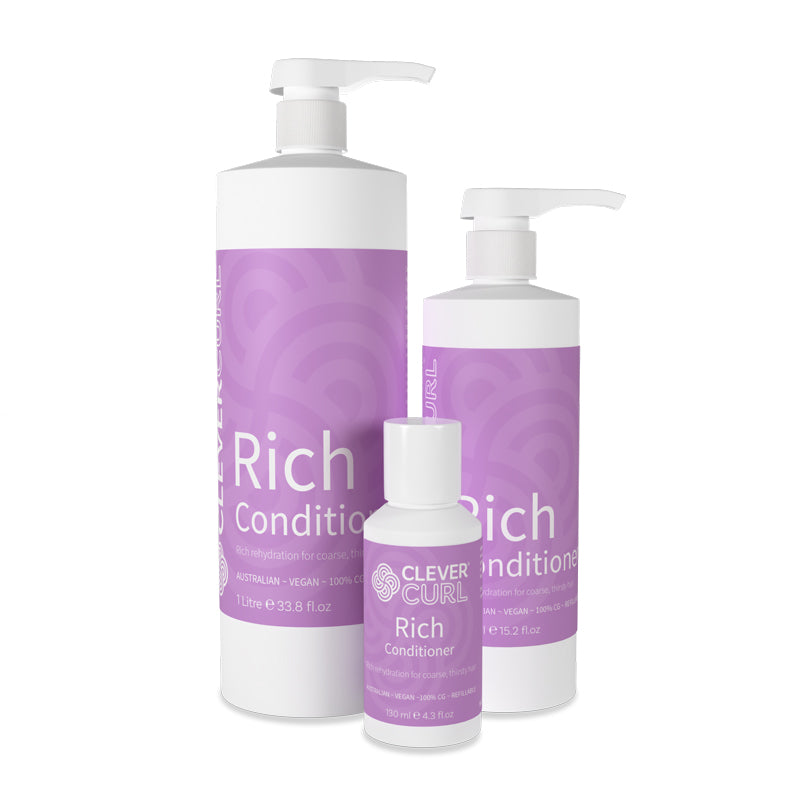Three bottles of 'Rich Conditioner' with purple labels on a white background