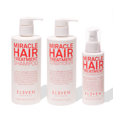 Three bottles of 'Miracle Hair Treatment' by 'Eleven' on a white background
