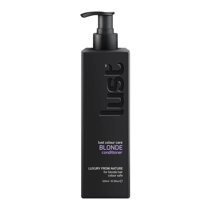 Black bottle of 'lust' blonde conditioner on a white background