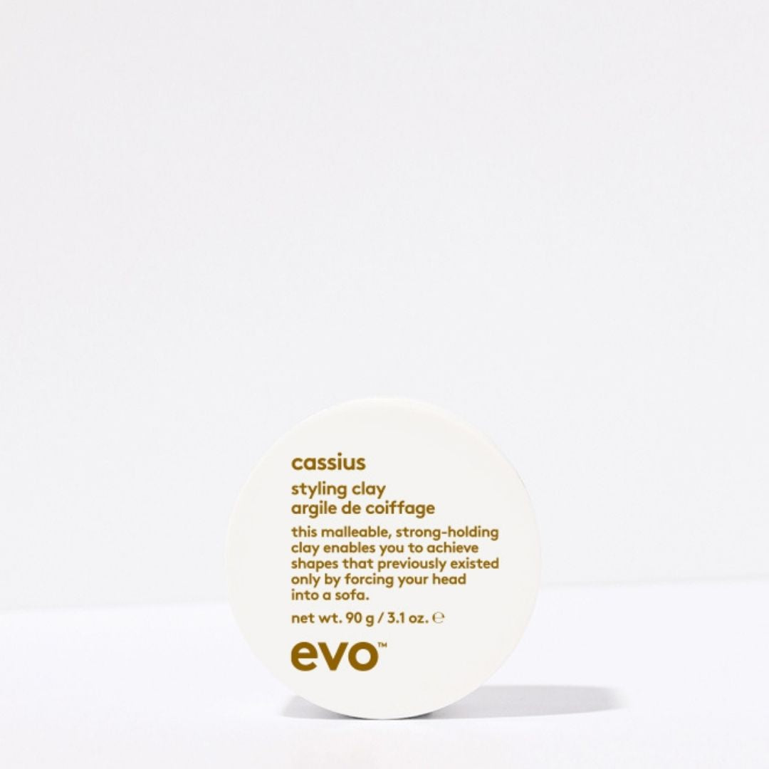 Evo Cassius styling clay container with text on a white background