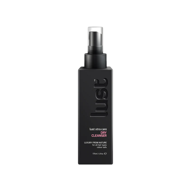 Black bottle of Lusit Extra Care Dry Cleanser on a white background