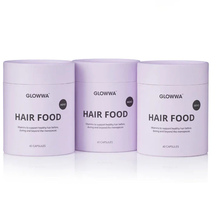 Three containers of GLOWWA Hair Food on a white background