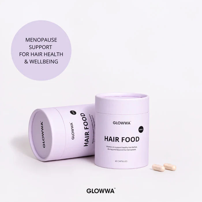Two containers of GLOWWA Hair Food on a light purple background with text about menopause support for hair health.