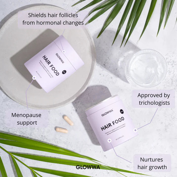 GLOWWA Hair Food product with text highlighting benefits on a light background with green leaves.
