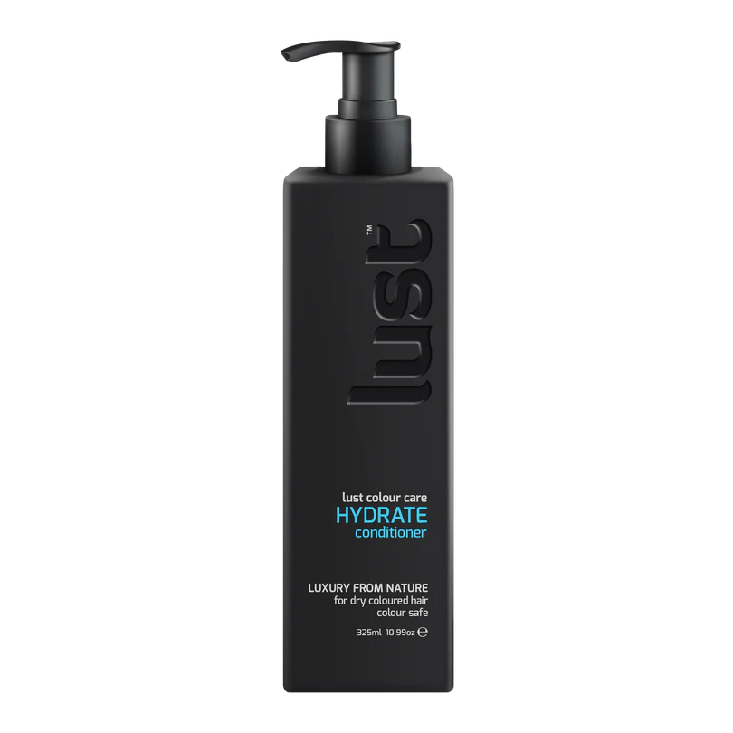 Black conditioner bottle with pump labeled 'lust' on a white background