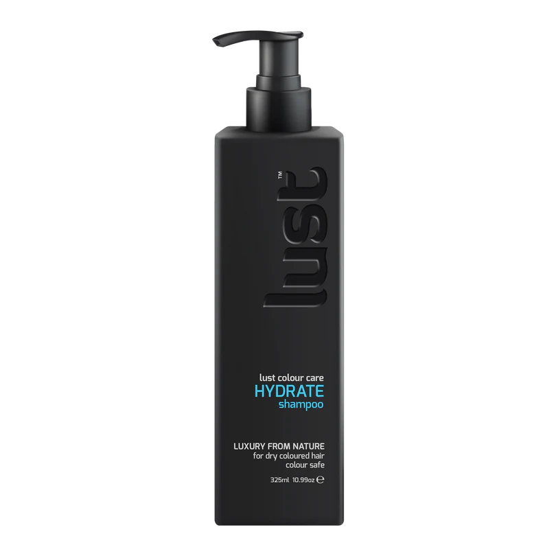Black shampoo bottle with pump labeled 'lust' on a white background