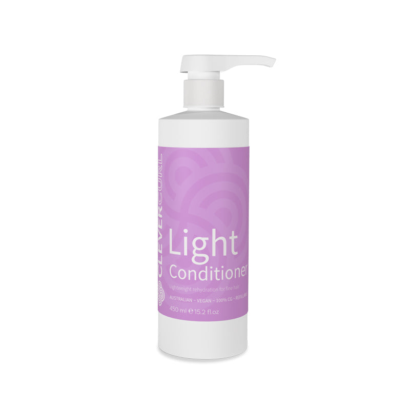 Purple bottle of light conditioner with pump on a white background