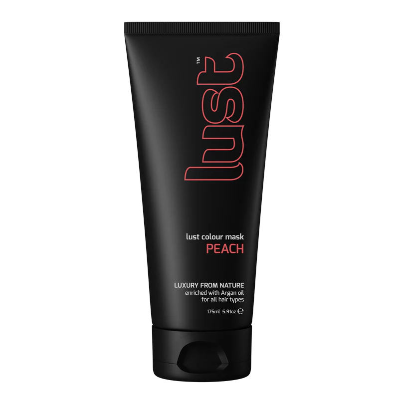 Black tube of 'lust' peach color mask on a white background