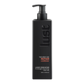 Black hair care bottle with pump labeled 'lust' on a white background