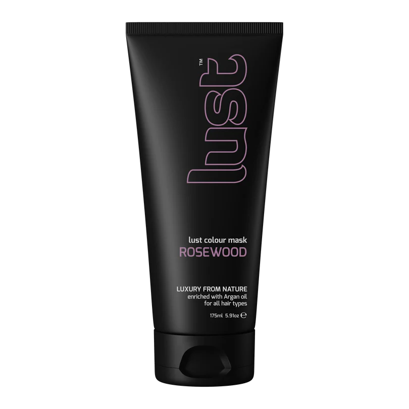 Black tube of 'lust' rosewood color mask on a white background