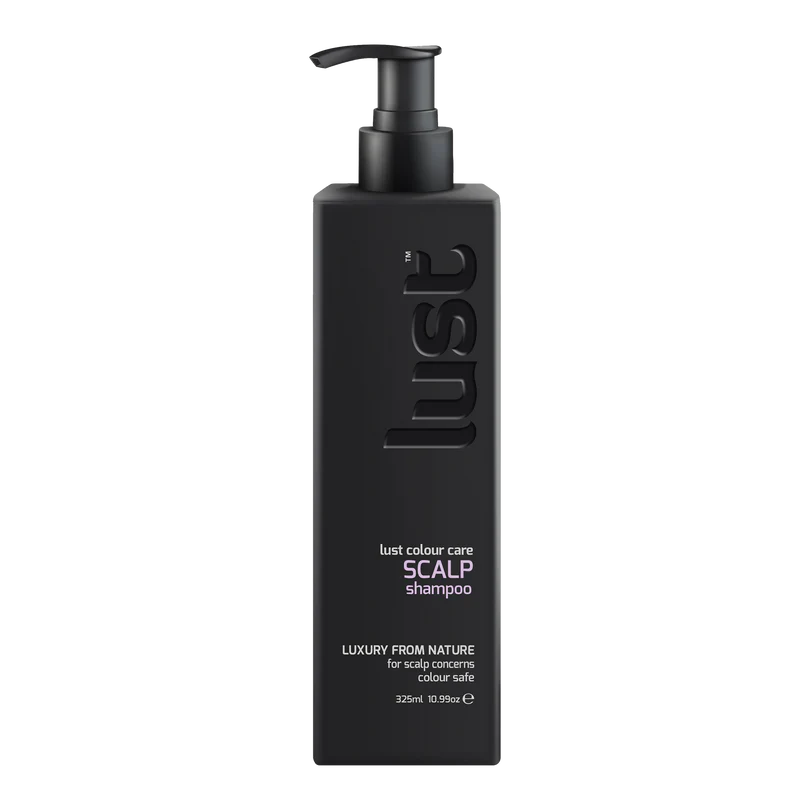 Black shampoo bottle with pump labeled 'lust' on a white background