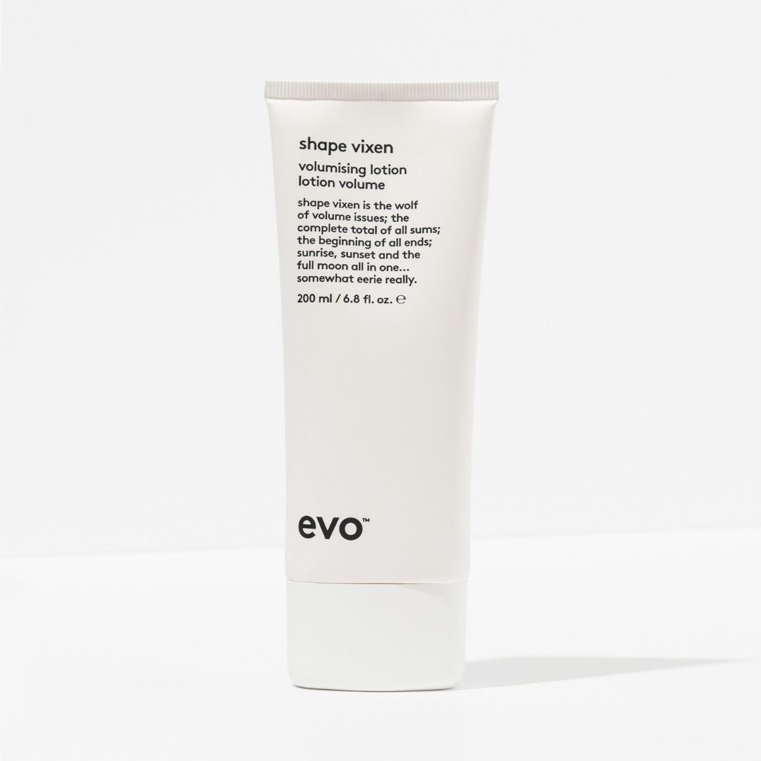 White tube of 'shape vixen' volumizing lotion by evo on a white background
