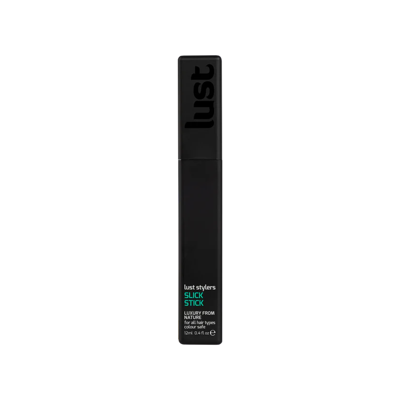 Black lip gloss stick with 'lust' branding on a white background