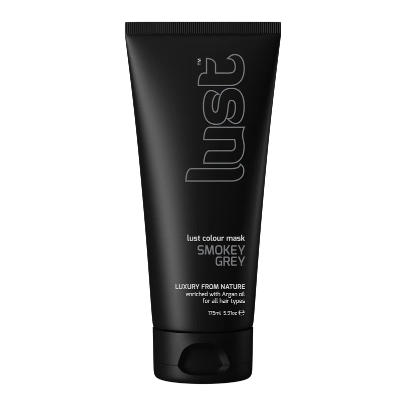 Black tube of 'lust' smoky grey color mask on a white background