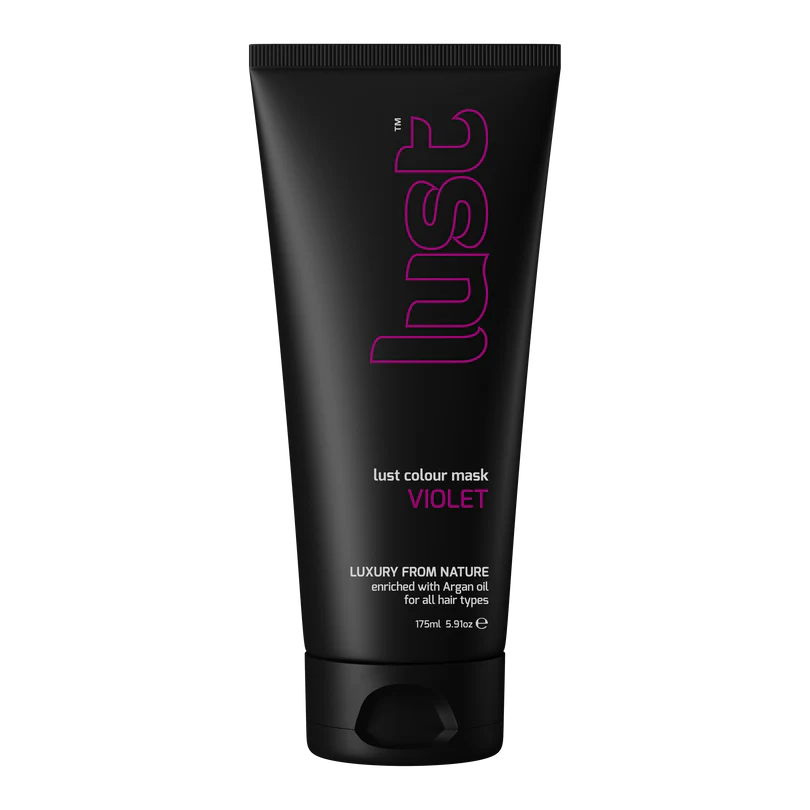 Black tube of 'lust' color mask with purple text on a white background