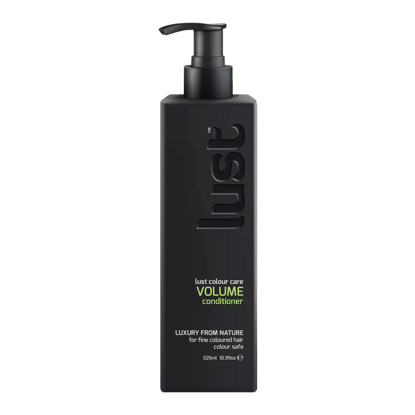 Black bottle of 'lust' volume conditioner on a white background